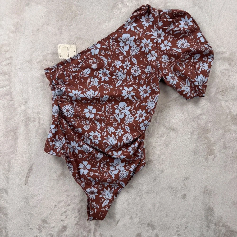 Intimately Free People Java Cameo One Shoulder Floral Bodysuit Cocoa Mar Small